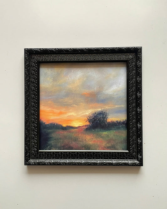 Framed sunset painting in black vintage-style PVC wood frame with textured finish – perfect for classic wall decor